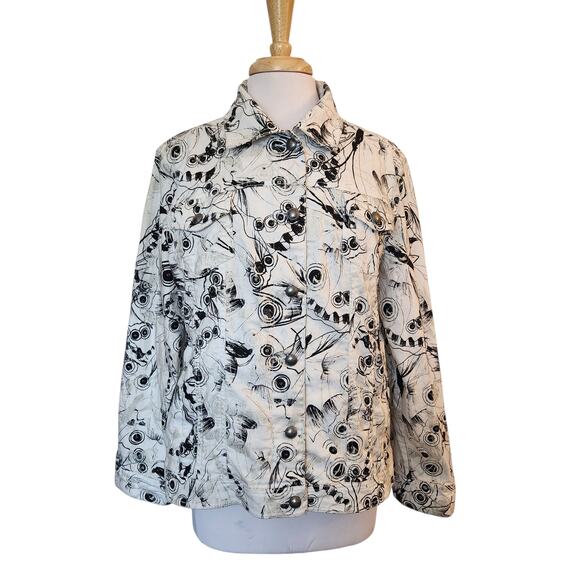 Chicos Platinum Patterned Jean Jacket Black White Cream Size 3 (16) - Picture 1 of 9